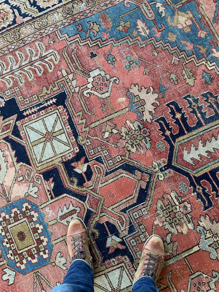 SOLD | C. 1910, ONE-OF-ONE SPECTACULAR Early Antique Tribal Piece with Goregous Border - Rust, Salmon, Denim, Camel | 9.6 x 13