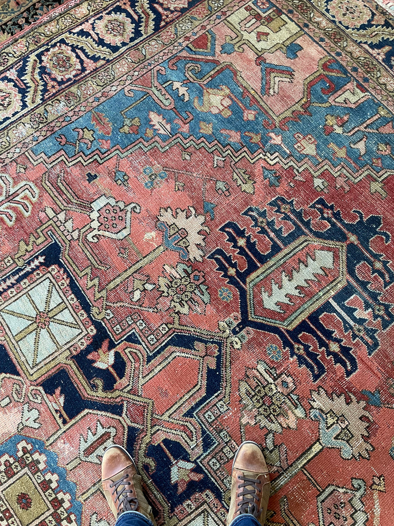 SOLD | C. 1910, ONE-OF-ONE SPECTACULAR Early Antique Tribal Piece with Goregous Border - Rust, Salmon, Denim, Camel | 9.6 x 13