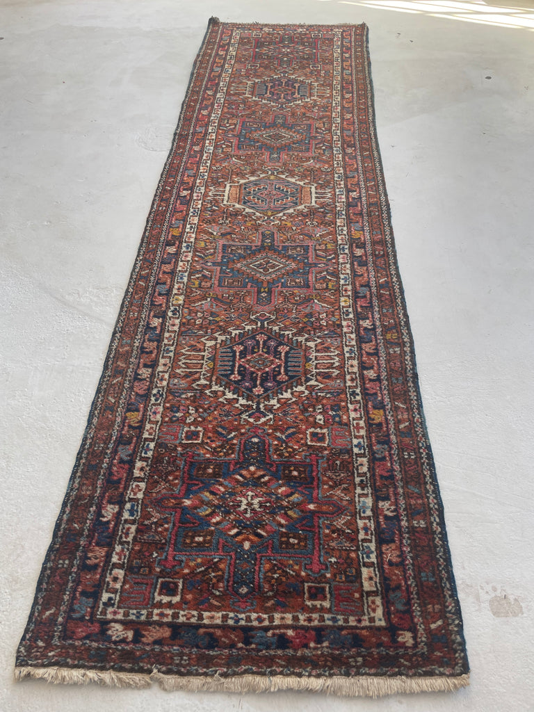 AMAZING Vintage Tribal Runner | Amber, Deep Umber, Clay, with Blues, Greens, Magenta, and More | 3.2 x 11.3