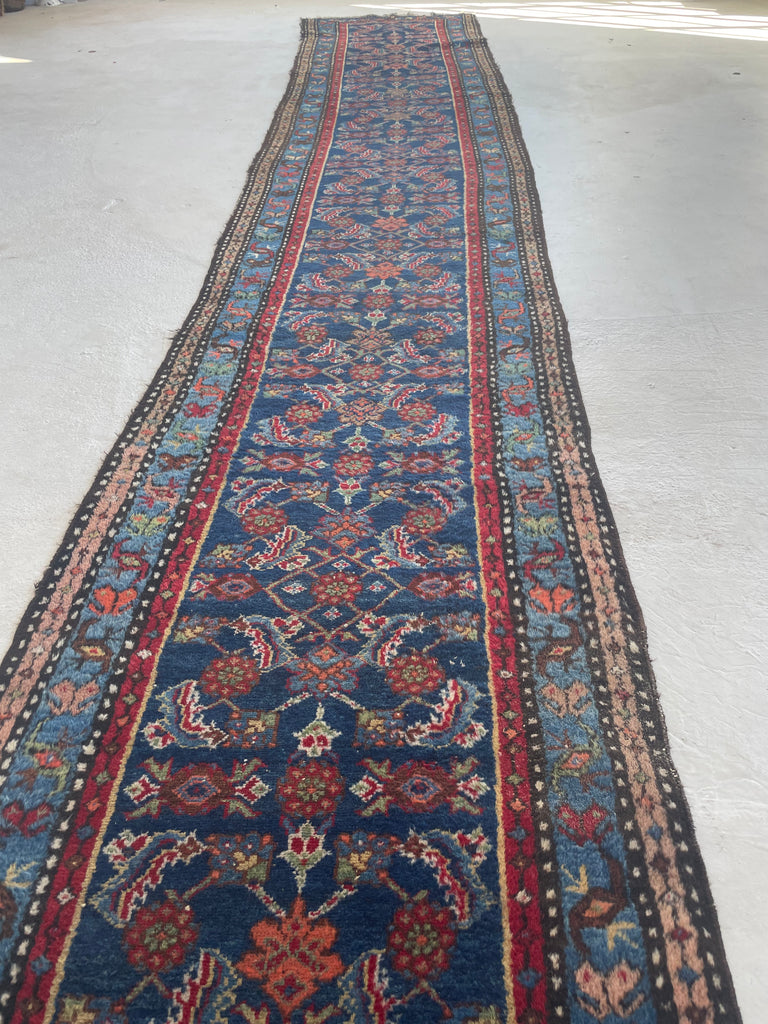 INCREDIBLE Long & Narrow Over-sized Antique Runner | Blues, Greens, Yellows, Tangerines & Camel | 2.11 x 16.8