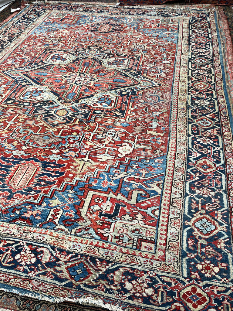 RESERVED FOR TANEL*** SENSATIONAL Antique Rug w/ Water Blue Corners, Greens, & Corals | 9.3 x 12.8