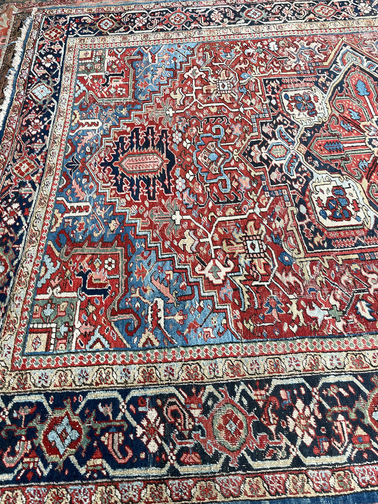 RESERVED FOR TANEL*** SENSATIONAL Antique Rug w/ Water Blue Corners, Greens, & Corals | 9.3 x 12.8