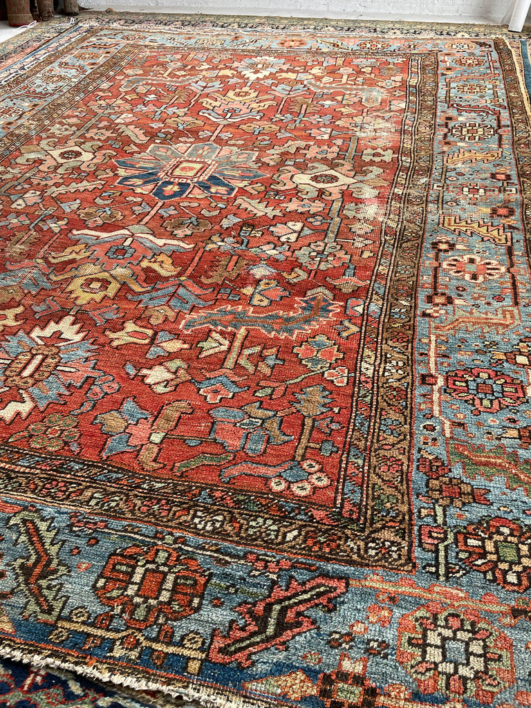 GORGEOUS & OPTIMISTIC  Antique Persian Heriz | Rusts, Sunflower, Ice Blue, Salmon, Pinks, Greens | 9 x 11.7
