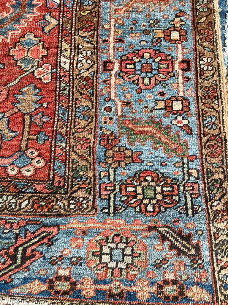 GORGEOUS & OPTIMISTIC  Antique Persian Heriz | Rusts, Sunflower, Ice Blue, Salmon, Pinks, Greens | 9 x 11.7