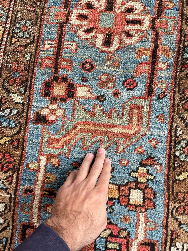 GORGEOUS & OPTIMISTIC  Antique Persian Heriz | Rusts, Sunflower, Ice Blue, Salmon, Pinks, Greens | 9 x 11.7