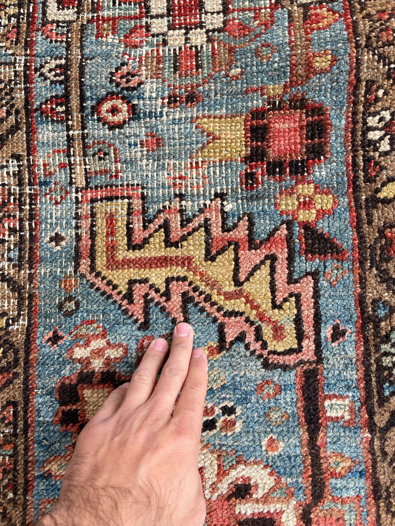 GORGEOUS & OPTIMISTIC  Antique Persian Heriz | Rusts, Sunflower, Ice Blue, Salmon, Pinks, Greens | 9 x 11.7