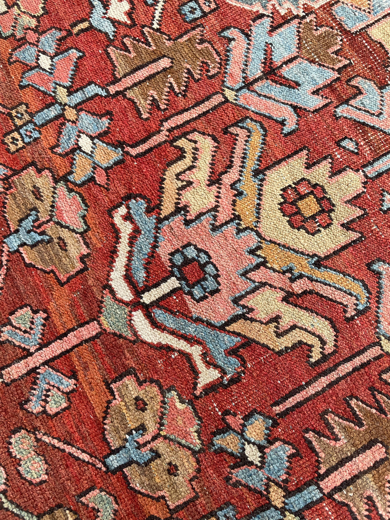 GORGEOUS & OPTIMISTIC  Antique Persian Heriz | Rusts, Sunflower, Ice Blue, Salmon, Pinks, Greens | 9 x 11.7