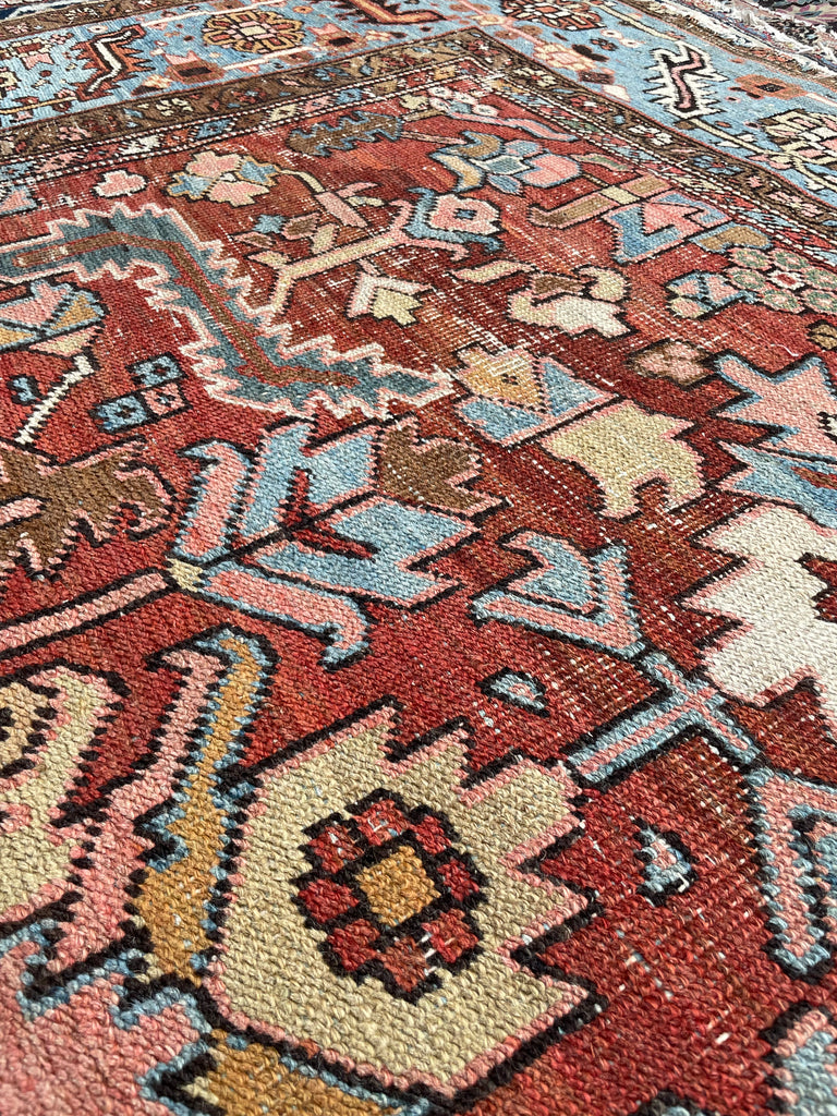 GORGEOUS & OPTIMISTIC  Antique Persian Heriz | Rusts, Sunflower, Ice Blue, Salmon, Pinks, Greens | 9 x 11.7
