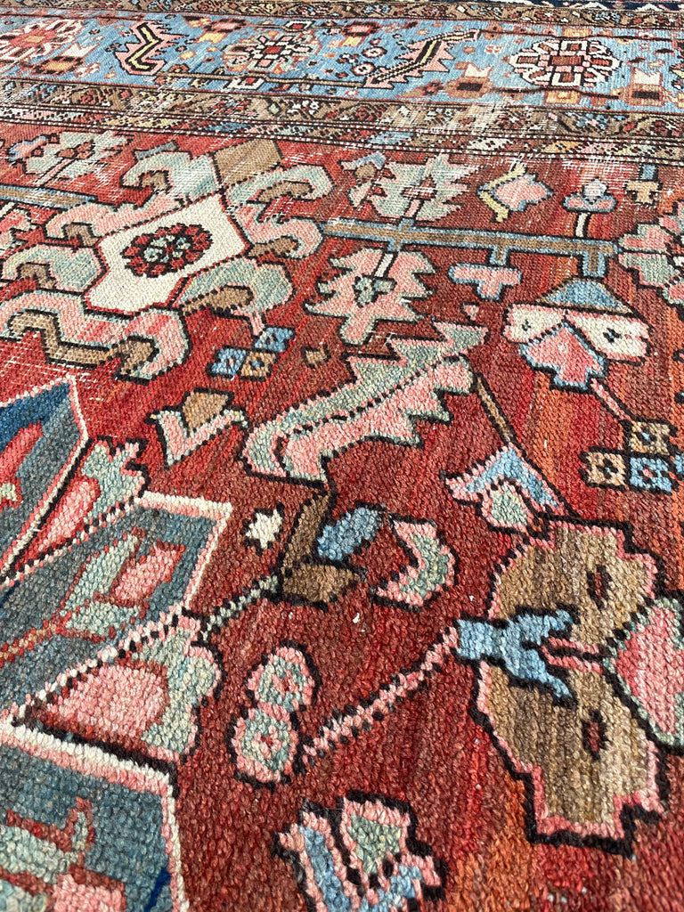 GORGEOUS & OPTIMISTIC  Antique Persian Heriz | Rusts, Sunflower, Ice Blue, Salmon, Pinks, Greens | 9 x 11.7