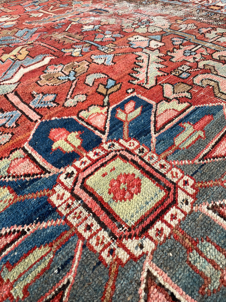 GORGEOUS & OPTIMISTIC  Antique Persian Heriz | Rusts, Sunflower, Ice Blue, Salmon, Pinks, Greens | 9 x 11.7