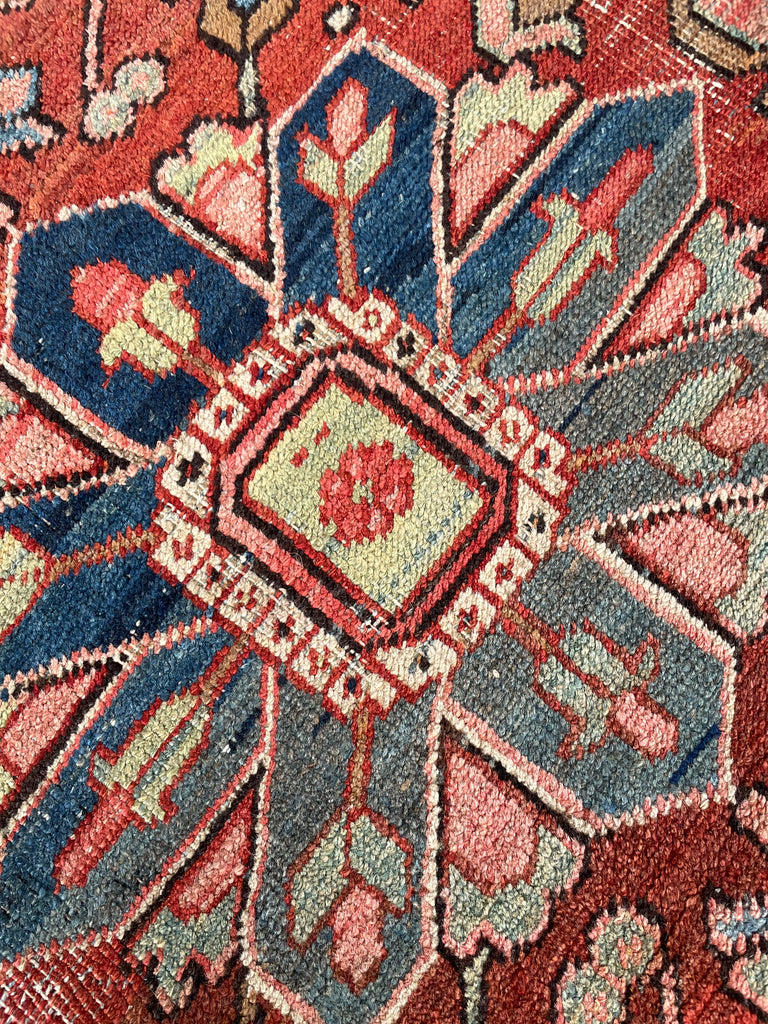 GORGEOUS & OPTIMISTIC  Antique Persian Heriz | Rusts, Sunflower, Ice Blue, Salmon, Pinks, Greens | 9 x 11.7