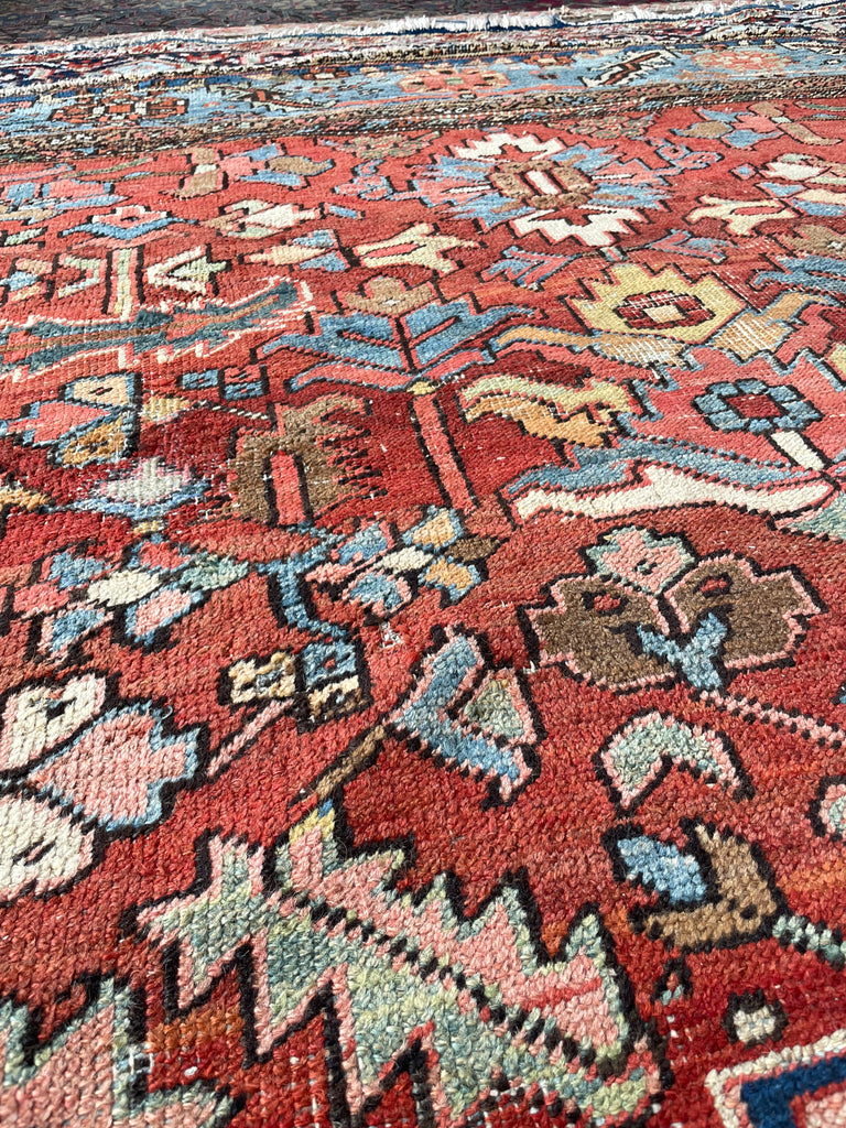 GORGEOUS & OPTIMISTIC  Antique Persian Heriz | Rusts, Sunflower, Ice Blue, Salmon, Pinks, Greens | 9 x 11.7