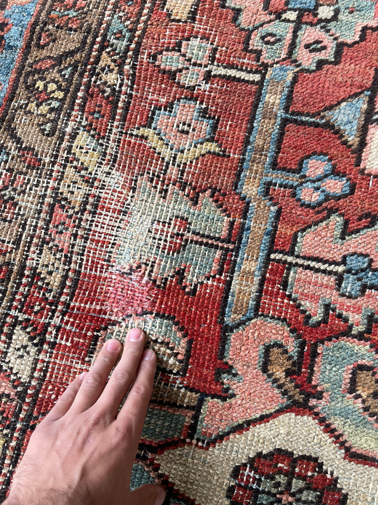 GORGEOUS & OPTIMISTIC  Antique Persian Heriz | Rusts, Sunflower, Ice Blue, Salmon, Pinks, Greens | 9 x 11.7