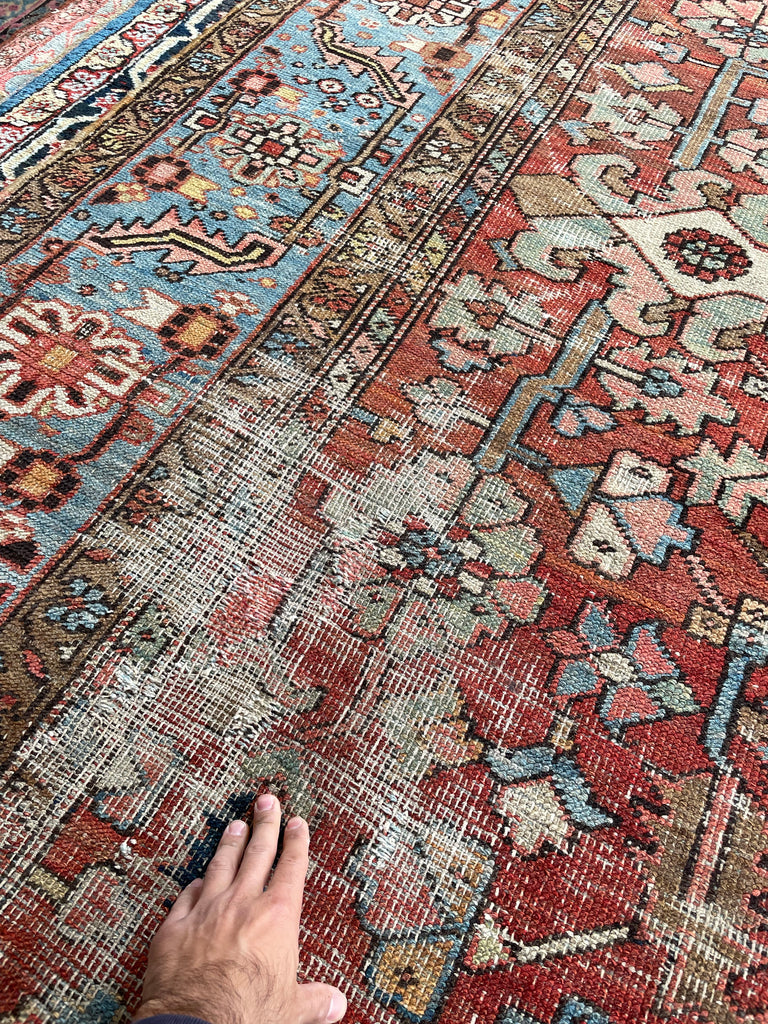 GORGEOUS & OPTIMISTIC  Antique Persian Heriz | Rusts, Sunflower, Ice Blue, Salmon, Pinks, Greens | 9 x 11.7