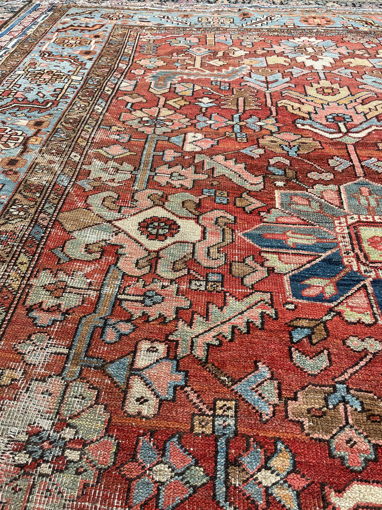 GORGEOUS & OPTIMISTIC  Antique Persian Heriz | Rusts, Sunflower, Ice Blue, Salmon, Pinks, Greens | 9 x 11.7