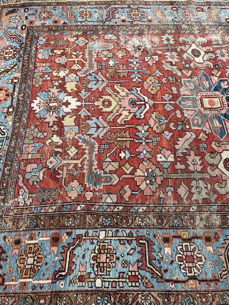 GORGEOUS & OPTIMISTIC  Antique Persian Heriz | Rusts, Sunflower, Ice Blue, Salmon, Pinks, Greens | 9 x 11.7