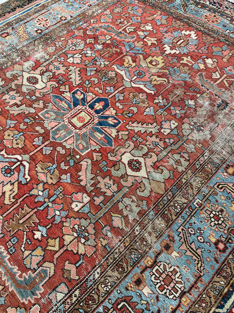 GORGEOUS & OPTIMISTIC  Antique Persian Heriz | Rusts, Sunflower, Ice Blue, Salmon, Pinks, Greens | 9 x 11.7