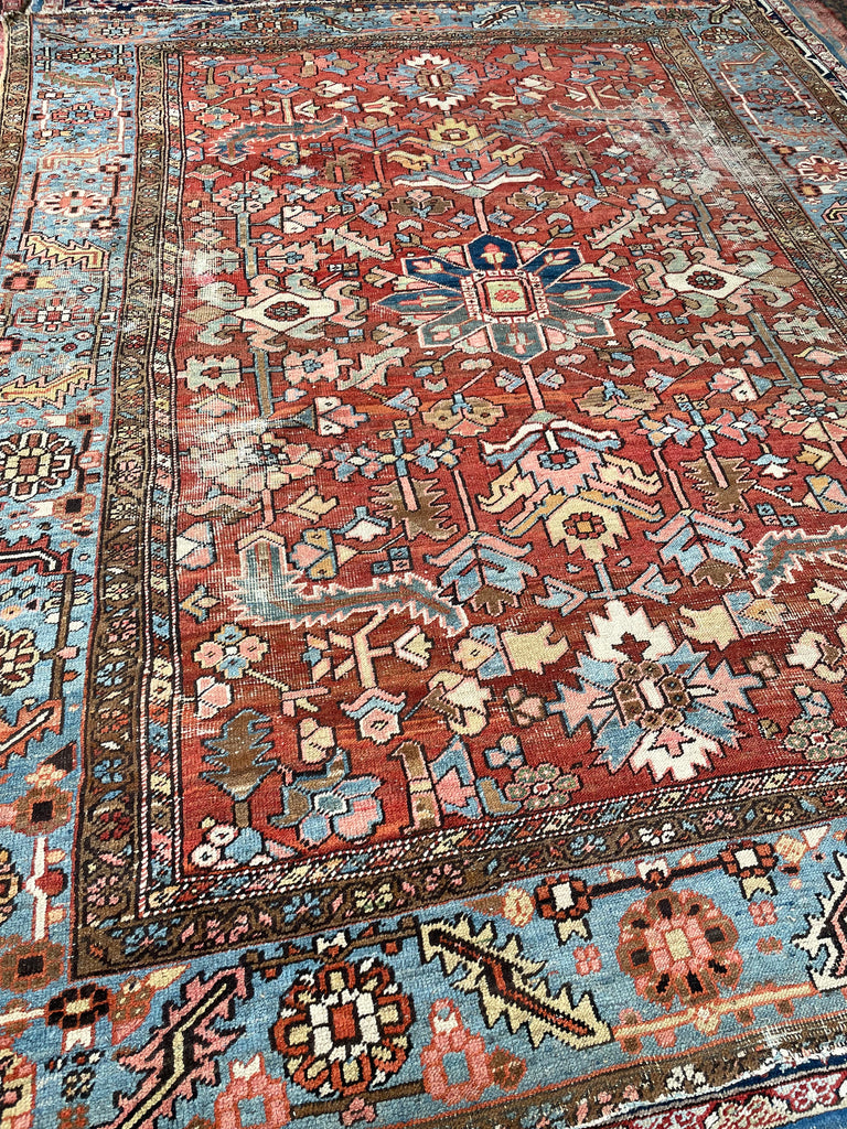 GORGEOUS & OPTIMISTIC  Antique Persian Heriz | Rusts, Sunflower, Ice Blue, Salmon, Pinks, Greens | 9 x 11.7