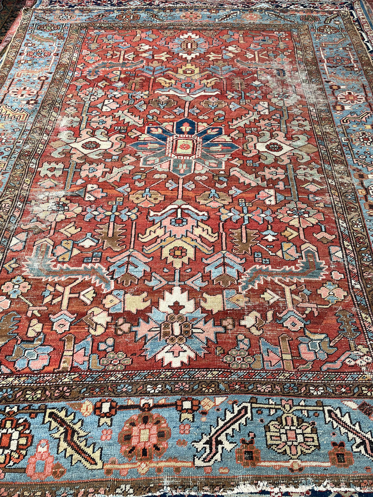 GORGEOUS & OPTIMISTIC  Antique Persian Heriz | Rusts, Sunflower, Ice Blue, Salmon, Pinks, Greens | 9 x 11.7