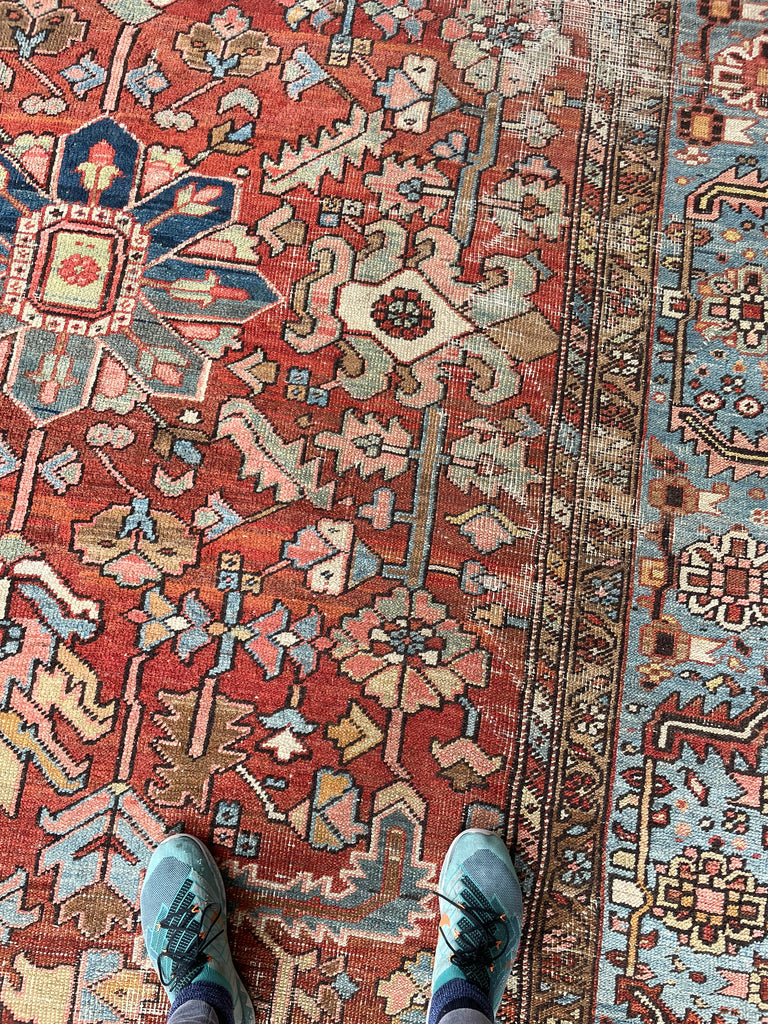 GORGEOUS & OPTIMISTIC  Antique Persian Heriz | Rusts, Sunflower, Ice Blue, Salmon, Pinks, Greens | 9 x 11.7