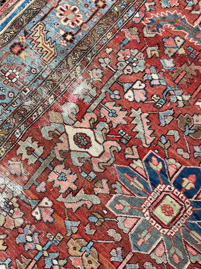 GORGEOUS & OPTIMISTIC  Antique Persian Heriz | Rusts, Sunflower, Ice Blue, Salmon, Pinks, Greens | 9 x 11.7