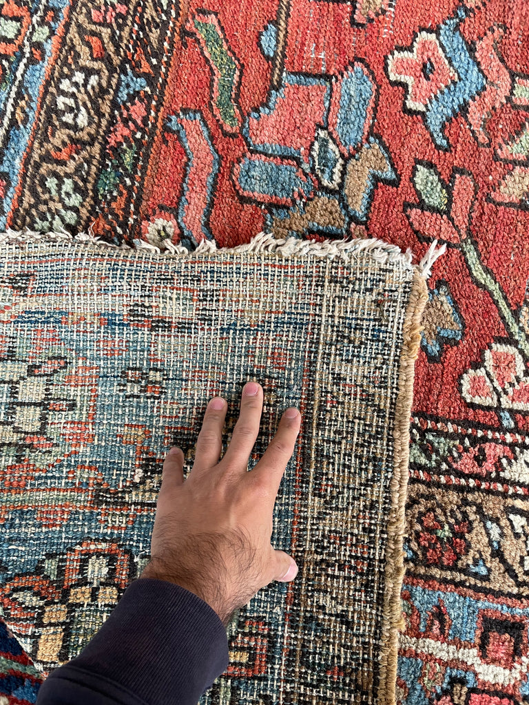 GORGEOUS & OPTIMISTIC  Antique Persian Heriz | Rusts, Sunflower, Ice Blue, Salmon, Pinks, Greens | 9 x 11.7