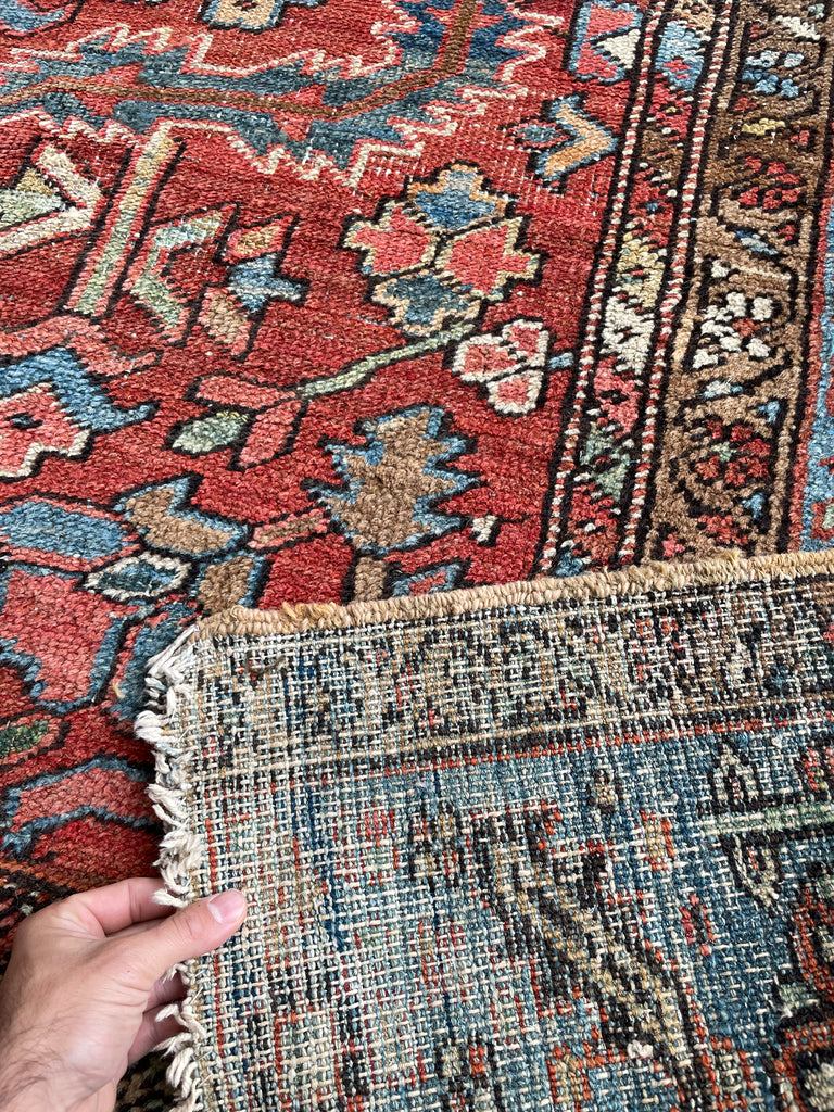 GORGEOUS & OPTIMISTIC  Antique Persian Heriz | Rusts, Sunflower, Ice Blue, Salmon, Pinks, Greens | 9 x 11.7