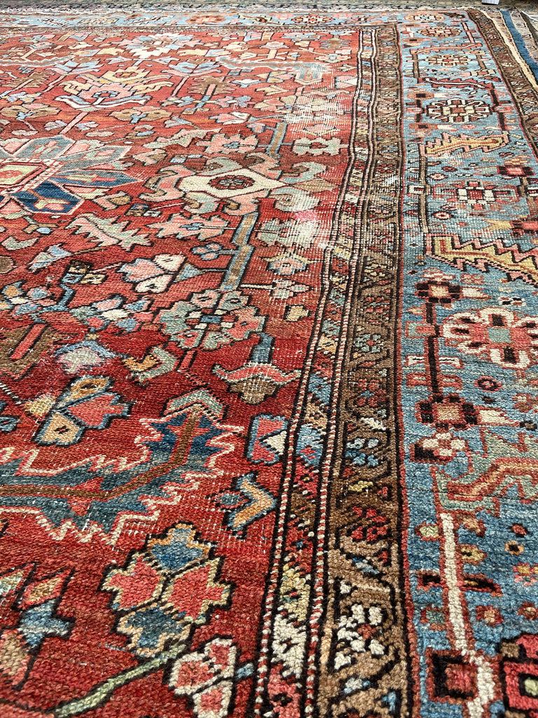GORGEOUS & OPTIMISTIC  Antique Persian Heriz | Rusts, Sunflower, Ice Blue, Salmon, Pinks, Greens | 9 x 11.7