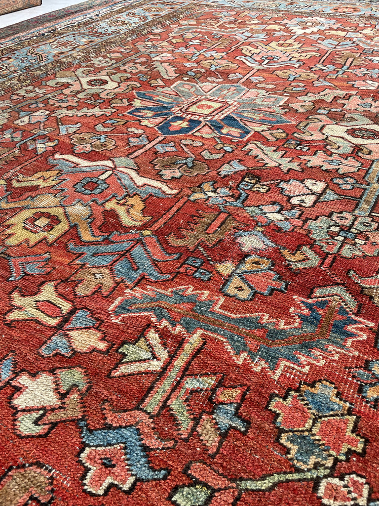 GORGEOUS & OPTIMISTIC  Antique Persian Heriz | Rusts, Sunflower, Ice Blue, Salmon, Pinks, Greens | 9 x 11.7
