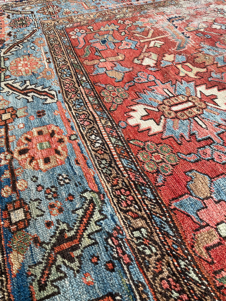 GORGEOUS & OPTIMISTIC  Antique Persian Heriz | Rusts, Sunflower, Ice Blue, Salmon, Pinks, Greens | 9 x 11.7