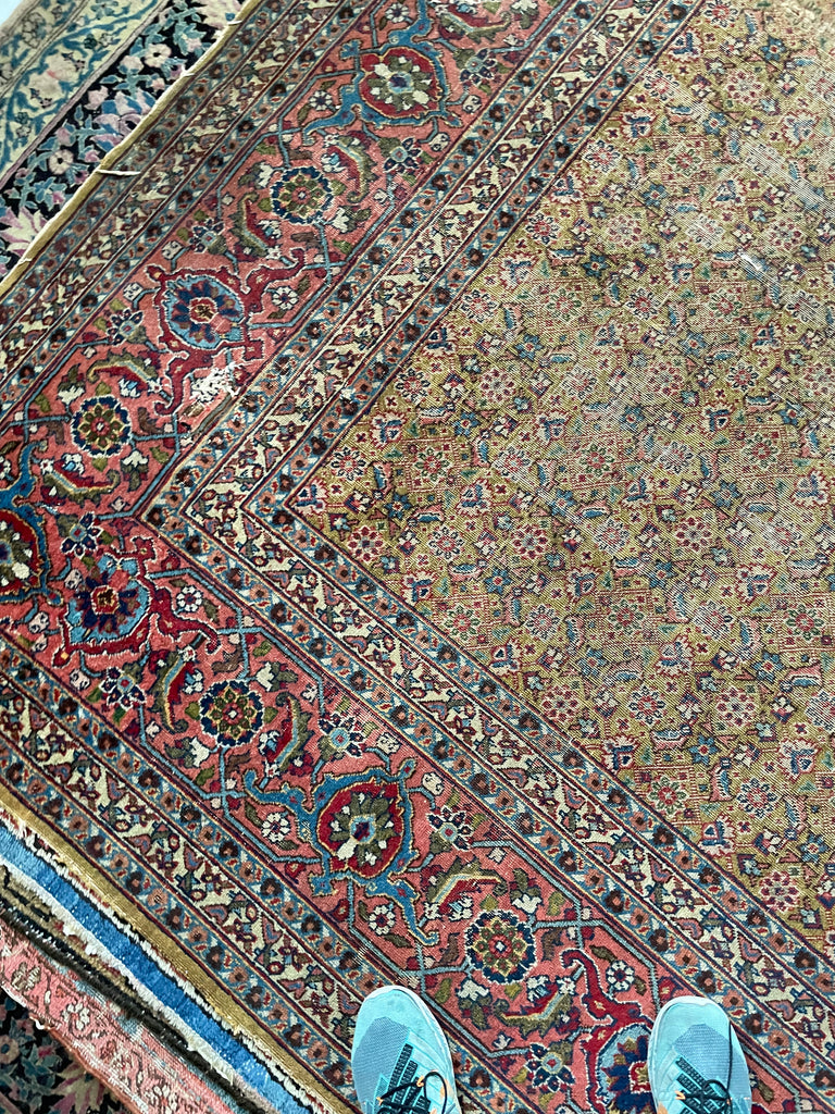 MUSTARD SAFFRON & SALMON Designer Antique Tabriz in Herati Design  | 9.3. x 12.3