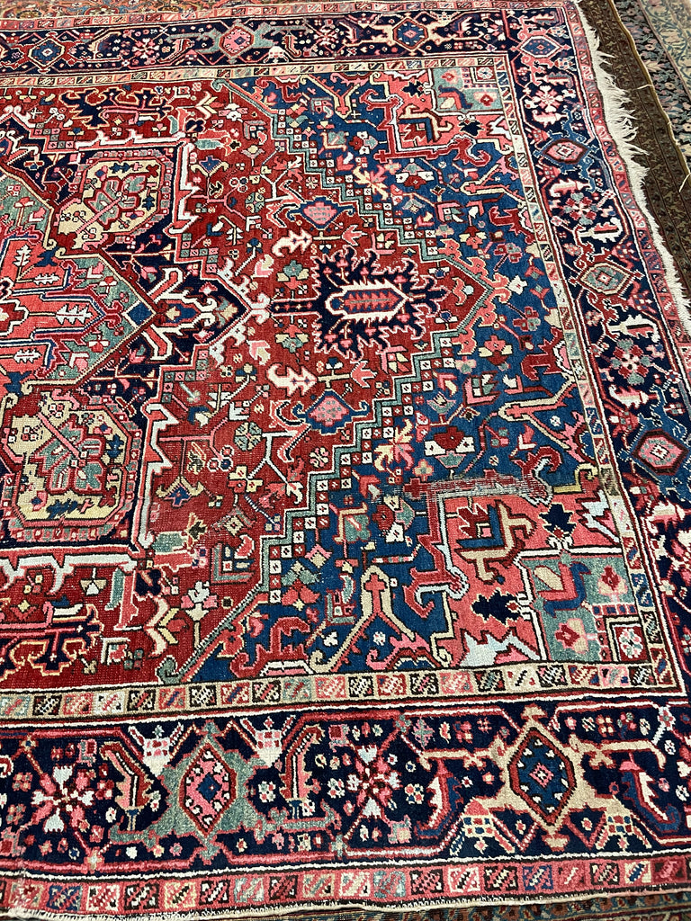 LOVELY Antique Heriz Rug with Deep Denim Corners, Corals, Salmon, Cloud-Blue | 8 x 11.2