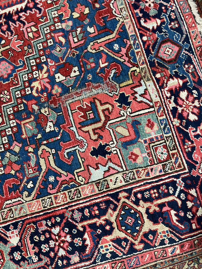LOVELY Antique Heriz Rug with Deep Denim Corners, Corals, Salmon, Cloud-Blue | 8 x 11.2
