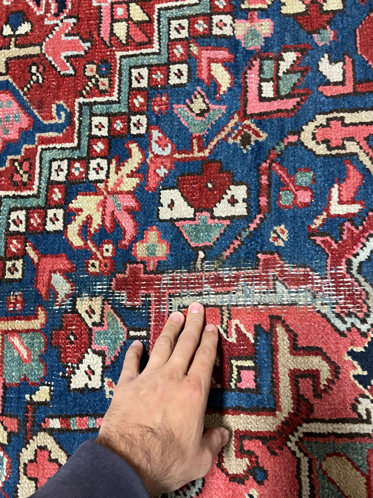 LOVELY Antique Heriz Rug with Deep Denim Corners, Corals, Salmon, Cloud-Blue | 8 x 11.2
