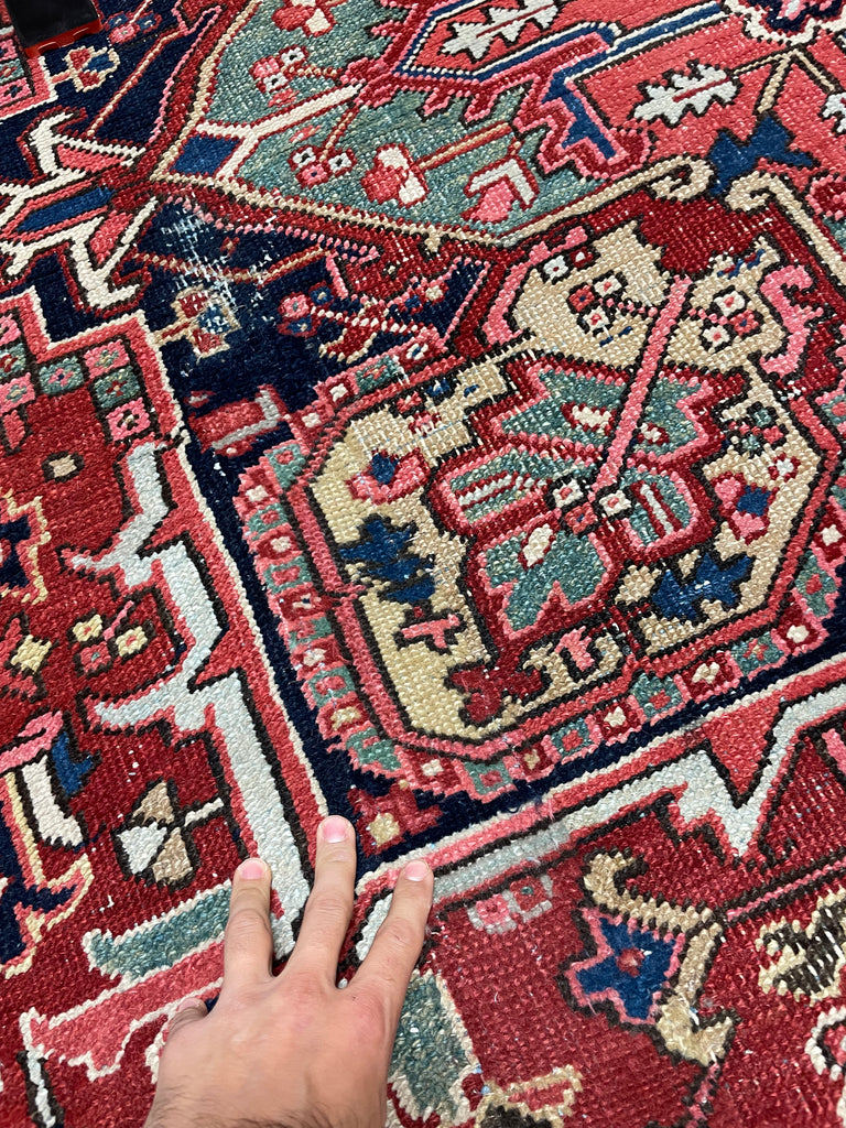 LOVELY Antique Heriz Rug with Deep Denim Corners, Corals, Salmon, Cloud-Blue | 8 x 11.2