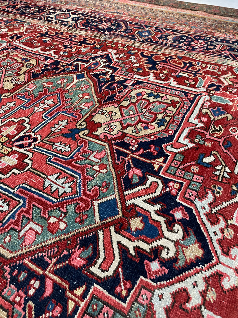 LOVELY Antique Heriz Rug with Deep Denim Corners, Corals, Salmon, Cloud-Blue | 8 x 11.2