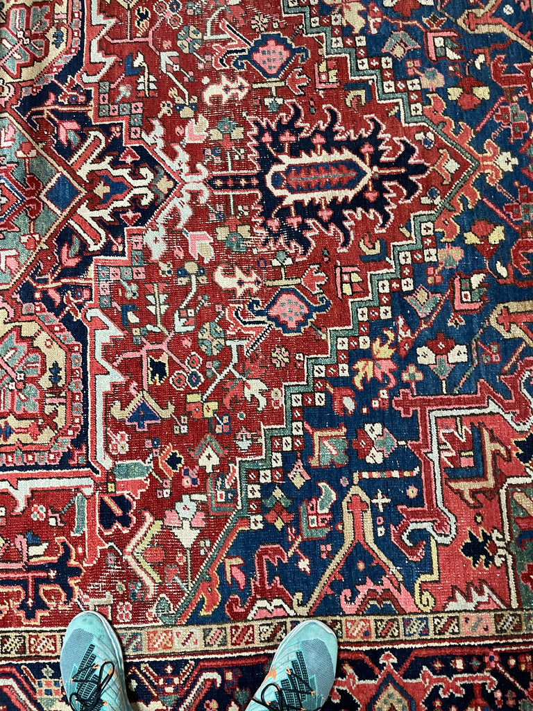 LOVELY Antique Heriz Rug with Deep Denim Corners, Corals, Salmon, Cloud-Blue | 8 x 11.2