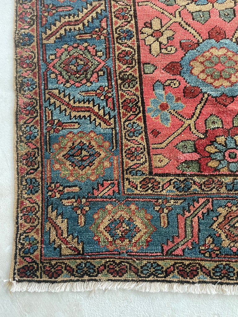 MAGNIFICENT Antique Persian Heriz with RARE MINA-KHANI Design | Glowing Pink, Bakshayesh Blue, Camel, GREEN | 8.7 x 12.5