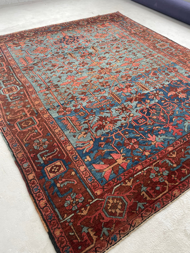 SOLD | DROP DEAD GORGEOUS Mint Condition Antique Persian Heriz in RARE Colors & Size | MARBLING Blues, Wine, Copper, Eggplant, Camel | 8 x 9.7