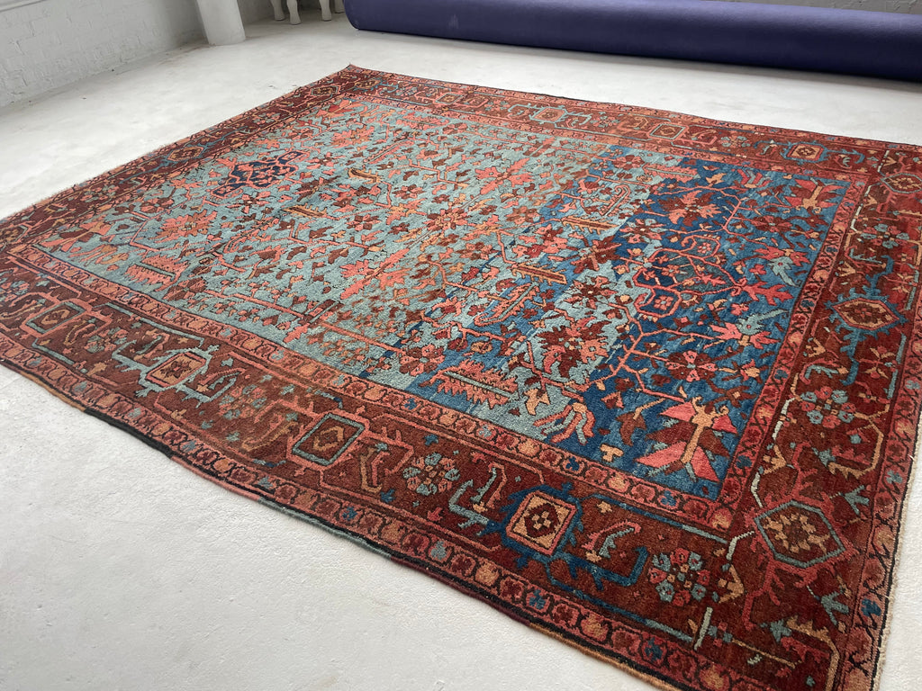 SOLD | DROP DEAD GORGEOUS Mint Condition Antique Persian Heriz in RARE Colors & Size | MARBLING Blues, Wine, Copper, Eggplant, Camel | 8 x 9.7