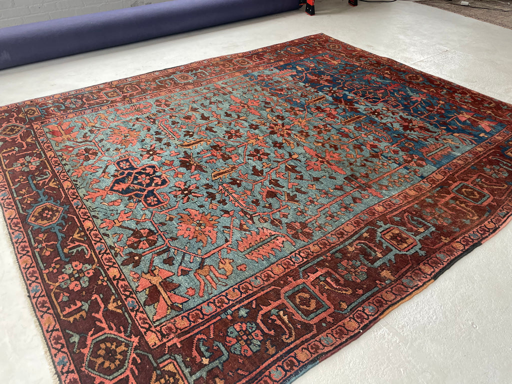 SOLD | DROP DEAD GORGEOUS Mint Condition Antique Persian Heriz in RARE Colors & Size | MARBLING Blues, Wine, Copper, Eggplant, Camel | 8 x 9.7