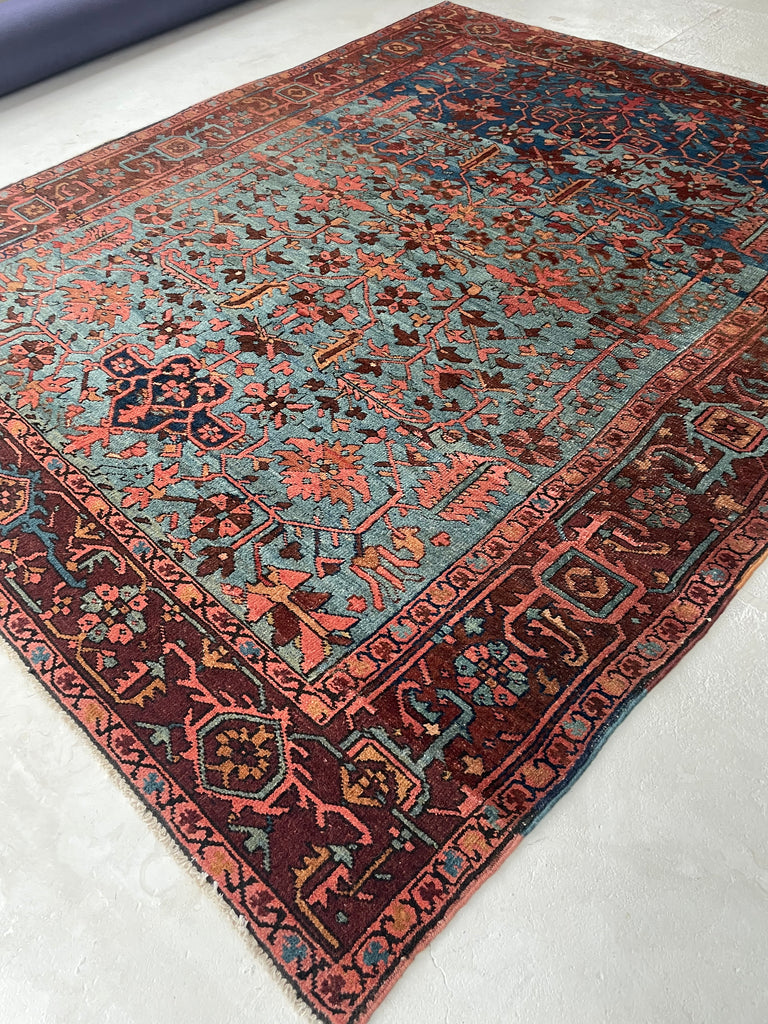 SOLD | DROP DEAD GORGEOUS Mint Condition Antique Persian Heriz in RARE Colors & Size | MARBLING Blues, Wine, Copper, Eggplant, Camel | 8 x 9.7