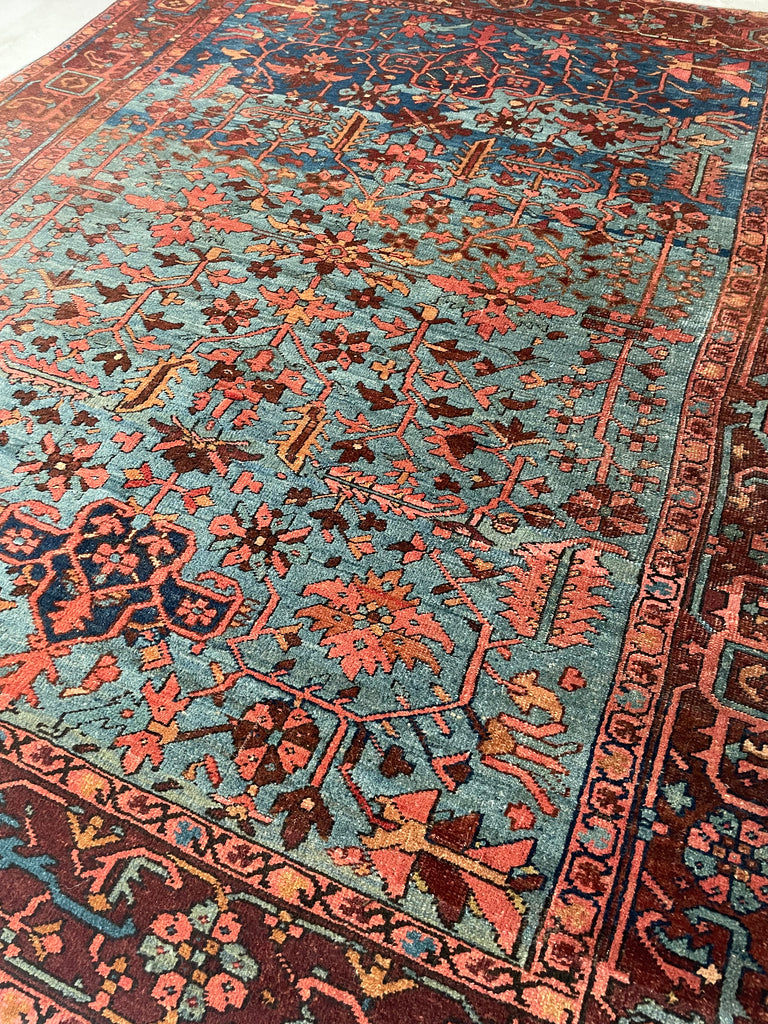 SOLD | DROP DEAD GORGEOUS Mint Condition Antique Persian Heriz in RARE Colors & Size | MARBLING Blues, Wine, Copper, Eggplant, Camel | 8 x 9.7