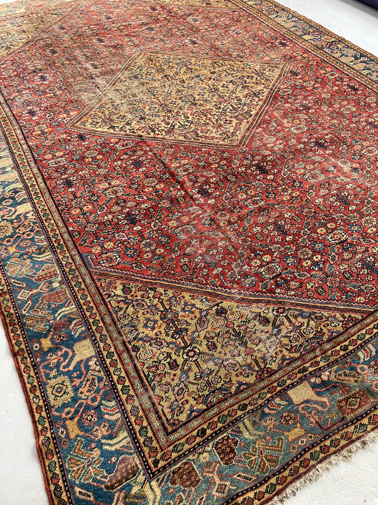 SOLD | INCREDIBLE Antique Persian Mahal, C. 1920-30's, Camel Corners with INCREDIBLE Bakshayesh Blue & Blue-Green Border | 8.4 x 12