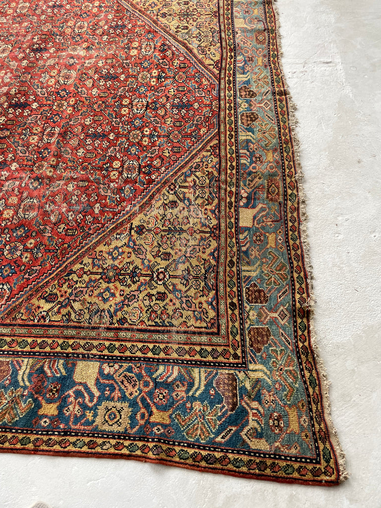 SOLD | INCREDIBLE Antique Persian Mahal, C. 1920-30's, Camel Corners with INCREDIBLE Bakshayesh Blue & Blue-Green Border | 8.4 x 12