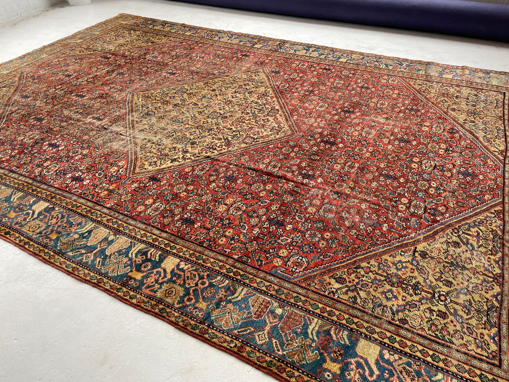 SOLD | INCREDIBLE Antique Persian Mahal, C. 1920-30's, Camel Corners with INCREDIBLE Bakshayesh Blue & Blue-Green Border | 8.4 x 12