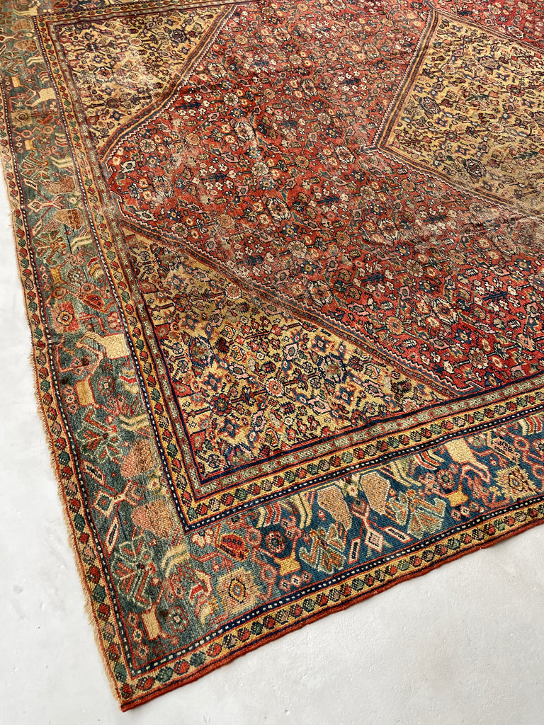 SOLD | INCREDIBLE Antique Persian Mahal, C. 1920-30's, Camel Corners with INCREDIBLE Bakshayesh Blue & Blue-Green Border | 8.4 x 12