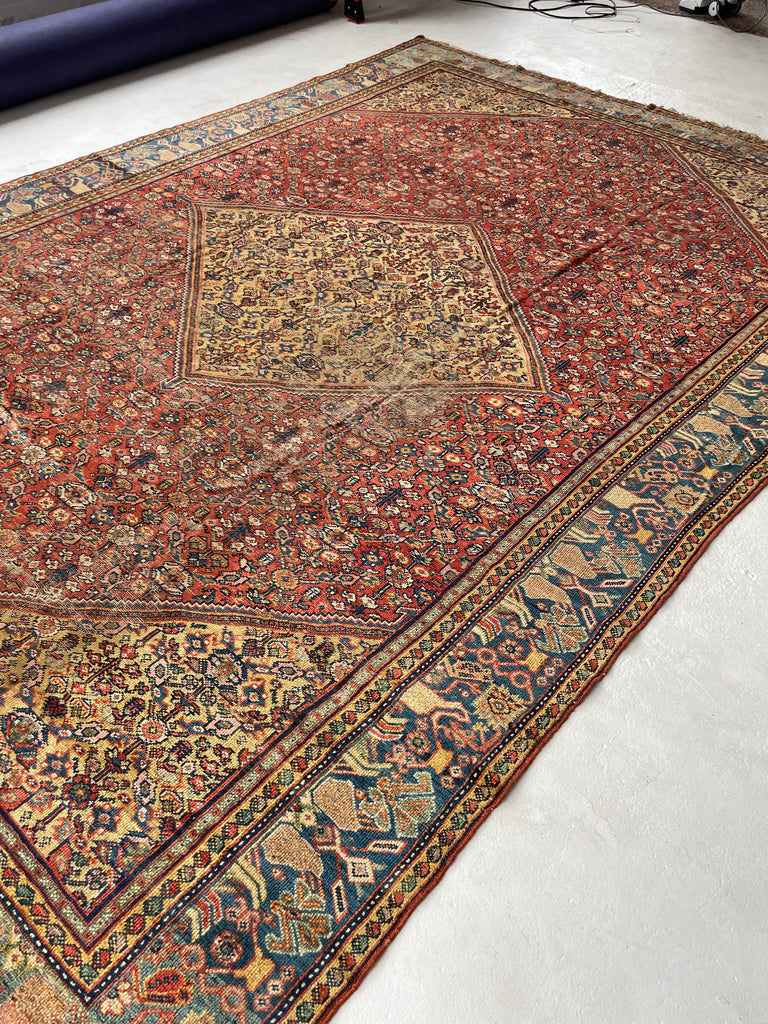 SOLD | INCREDIBLE Antique Persian Mahal, C. 1920-30's, Camel Corners with INCREDIBLE Bakshayesh Blue & Blue-Green Border | 8.4 x 12