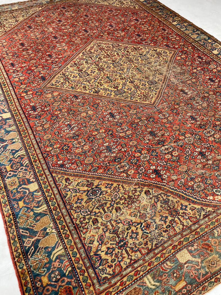 SOLD | INCREDIBLE Antique Persian Mahal, C. 1920-30's, Camel Corners with INCREDIBLE Bakshayesh Blue & Blue-Green Border | 8.4 x 12