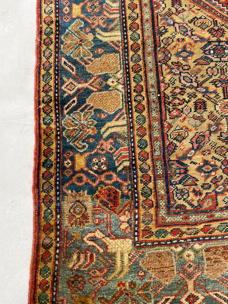 SOLD | INCREDIBLE Antique Persian Mahal, C. 1920-30's, Camel Corners with INCREDIBLE Bakshayesh Blue & Blue-Green Border | 8.4 x 12